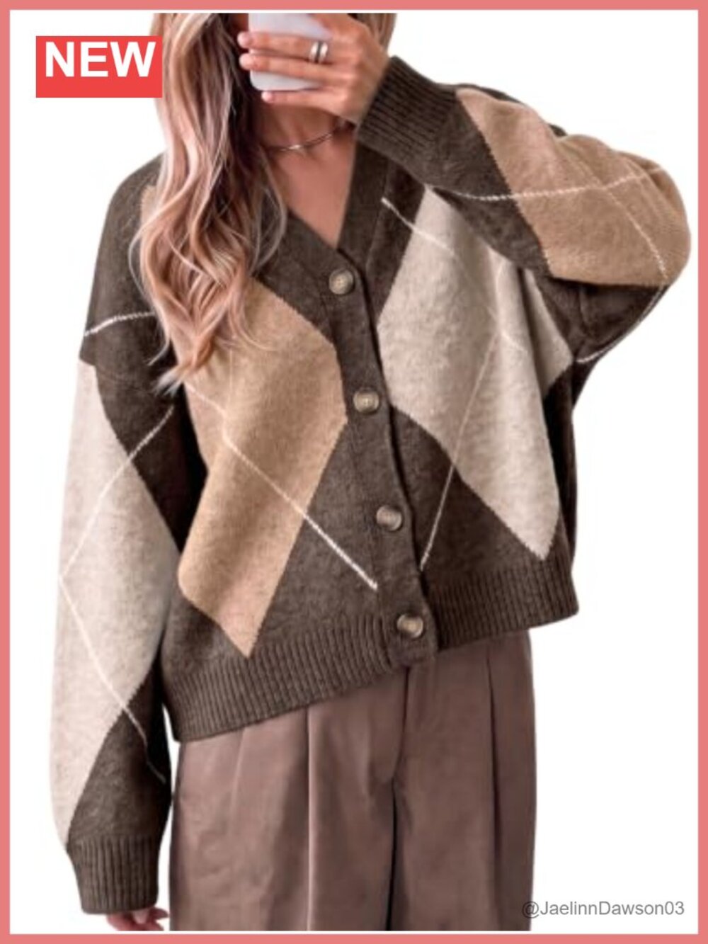 Vintage Argyle Color Block Cardigan V Neck Long Sleeve Knit Sweater